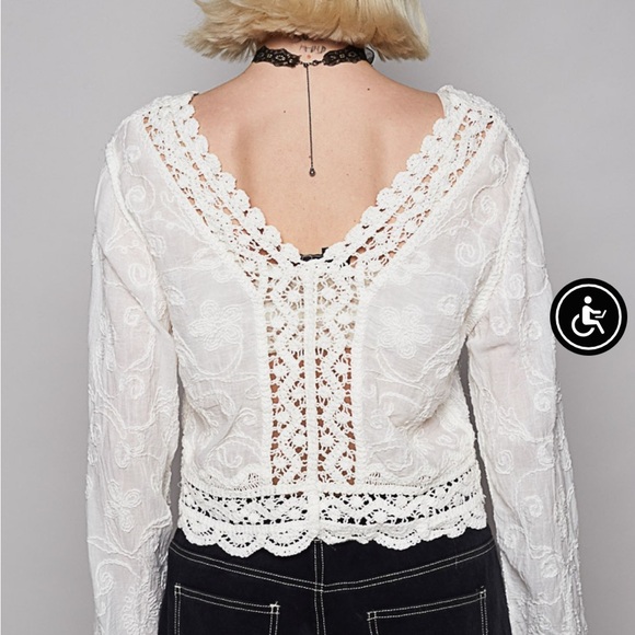 POL One Size White Lace Cotton Women's V Neck Blouse - Picture 2 of 2